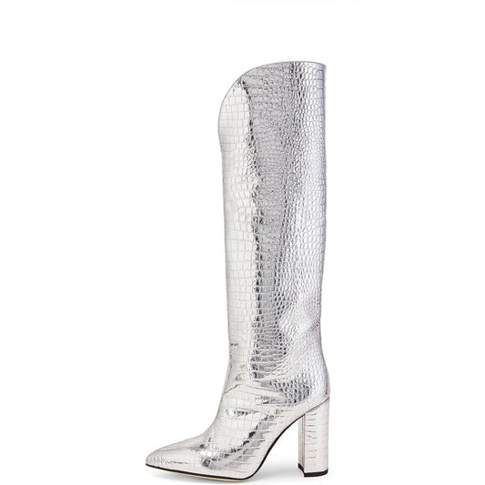 Silver Chunky Heel Croco Embossed Pointed Toe Knee High Boots