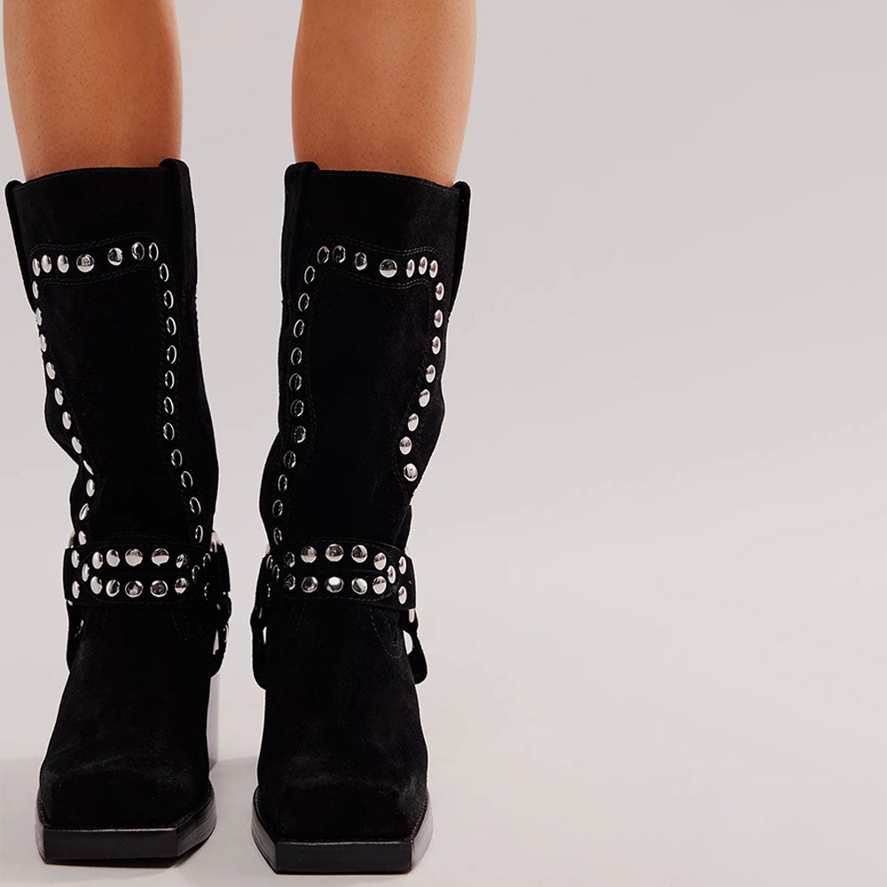 Black Square Toe Studded Buckle Platform Block Heel Mid Calf Boots