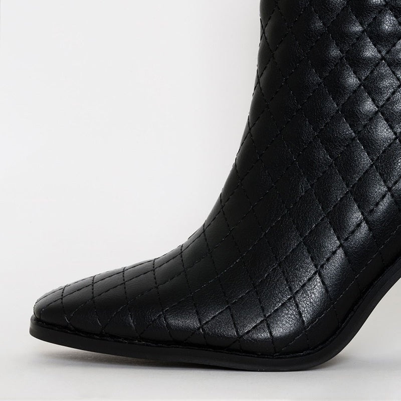 Black Zipper Chunky Heel Square Toe Mid Calf Boots