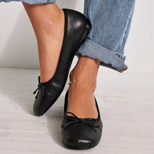 Women's Classic Round Toe Shoes Bow Ballet Flats in Black