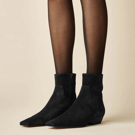 Black Square Toe Chunky Heel Ankle Boots for Women with Zipper