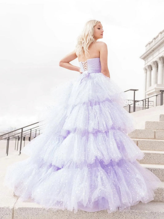 PM465, Purple tulle high low prom dress, light purple evening dress