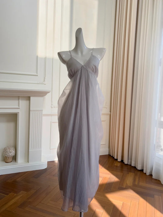 Elegant Light Purple Strappy V-neck Chiffon Long Prom Dress Evening Dress P4059