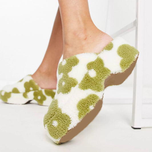 Green Floral Print Closed Toe Slip On Clog Heels for Women
