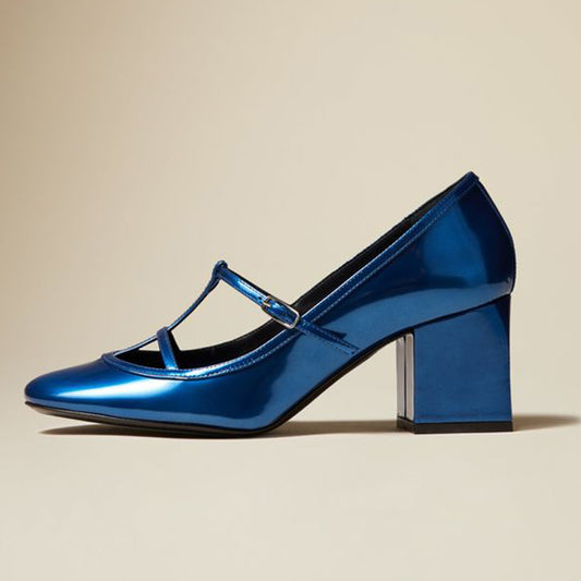 Metallic Blue Patent Leather Closed Toe Buckled Strappy Loafers With Chunky Heels