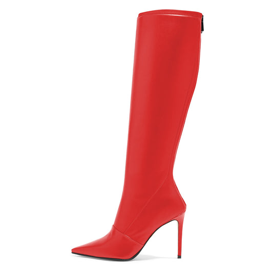 Red Pointed Toe Stiletto Heel Rear Zip Closure Women's Knee High Boots
