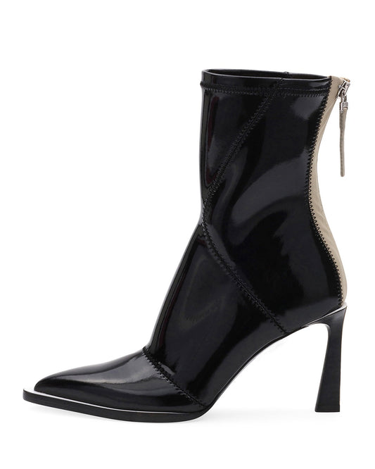 Black & Beige Patent Leather Pointy Toe Women's Heeled Ankle Boots