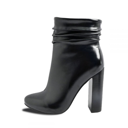 Black Round Toe Pleated Design Chunky Heel Ankle Boots