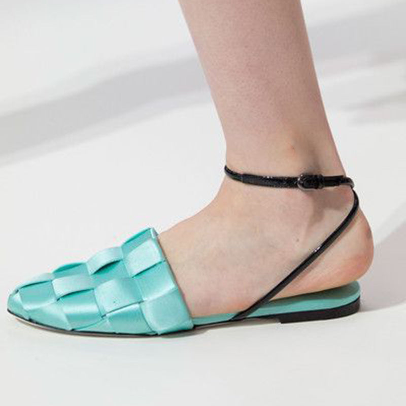 Turquoise Satin Braided Flats Women's Almond Toe Ankle Strap Shoes