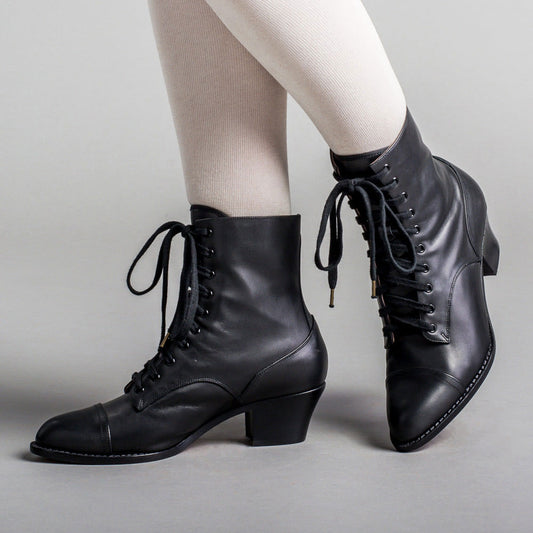 Black Lace-Up Chunky Heel Ankle Boots for Women with Almond Toe