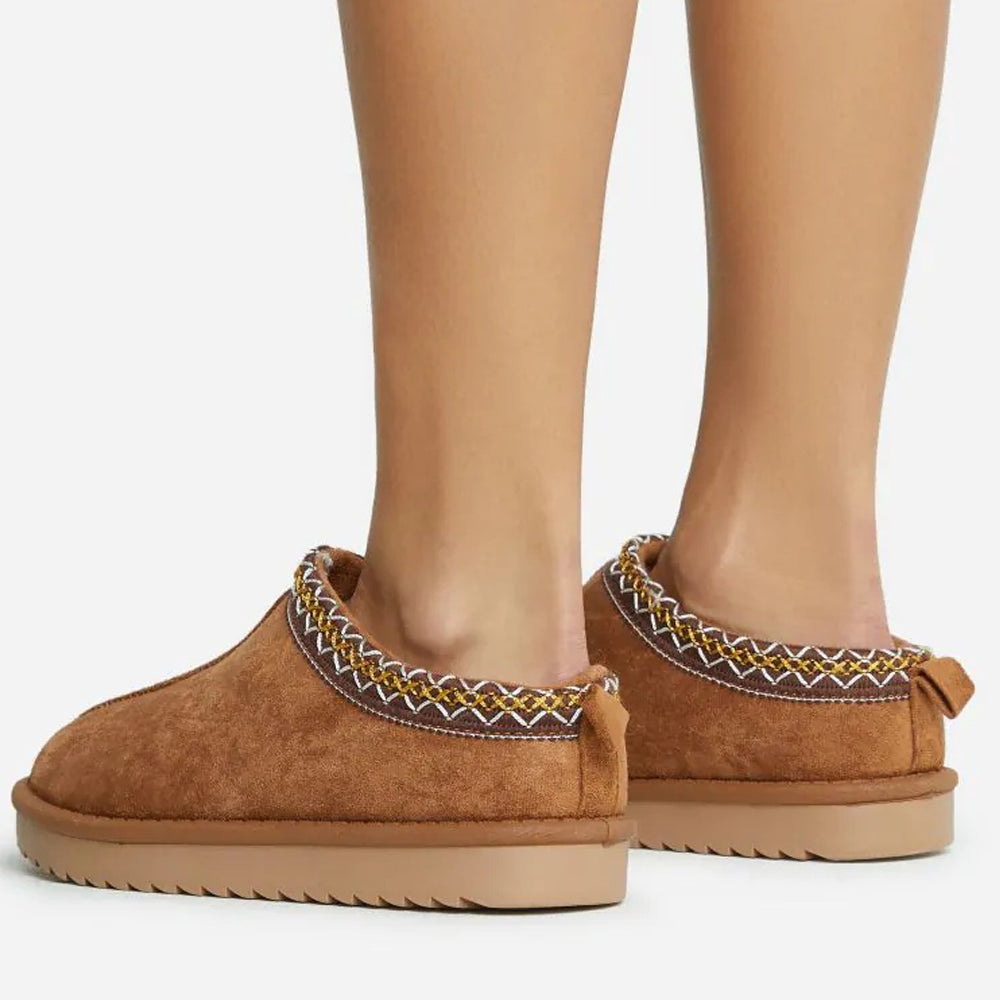 Brown Vegan Suede Round-Toe Faux Fur Lining Winter Flats Furry Shoes