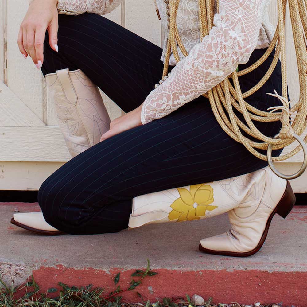 Beige Pointed Toe Yellow Floral Stitching Chunky Heel Knee High Boots