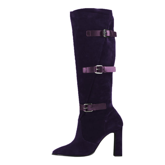 Dark Purple Round Toe Tri-Buckle Strap Knee High Boots for Women