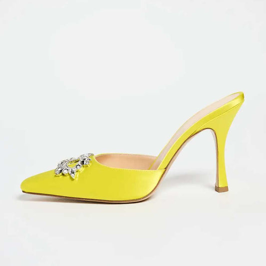 Yellow Square Toe Crystal Embellished Spool Heel Women's Mules Shoes