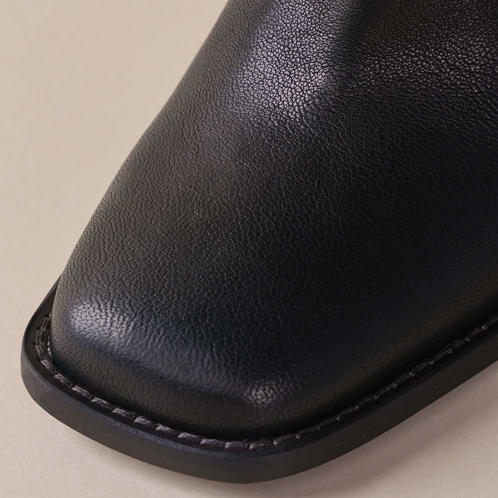 Black Vegan Leather Square Toe Chunky Heel Pull-On Mid Calf Boots