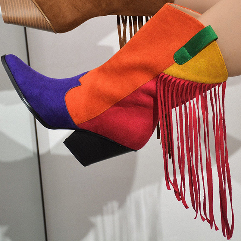 Women's Multicolor Patchwork Fringe Cowgirl Boots with Chunky Heels