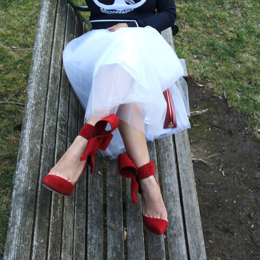 Red Vegan Suede Stiletto Heels Pointy Toe Ankle Strap Pumps with Bow