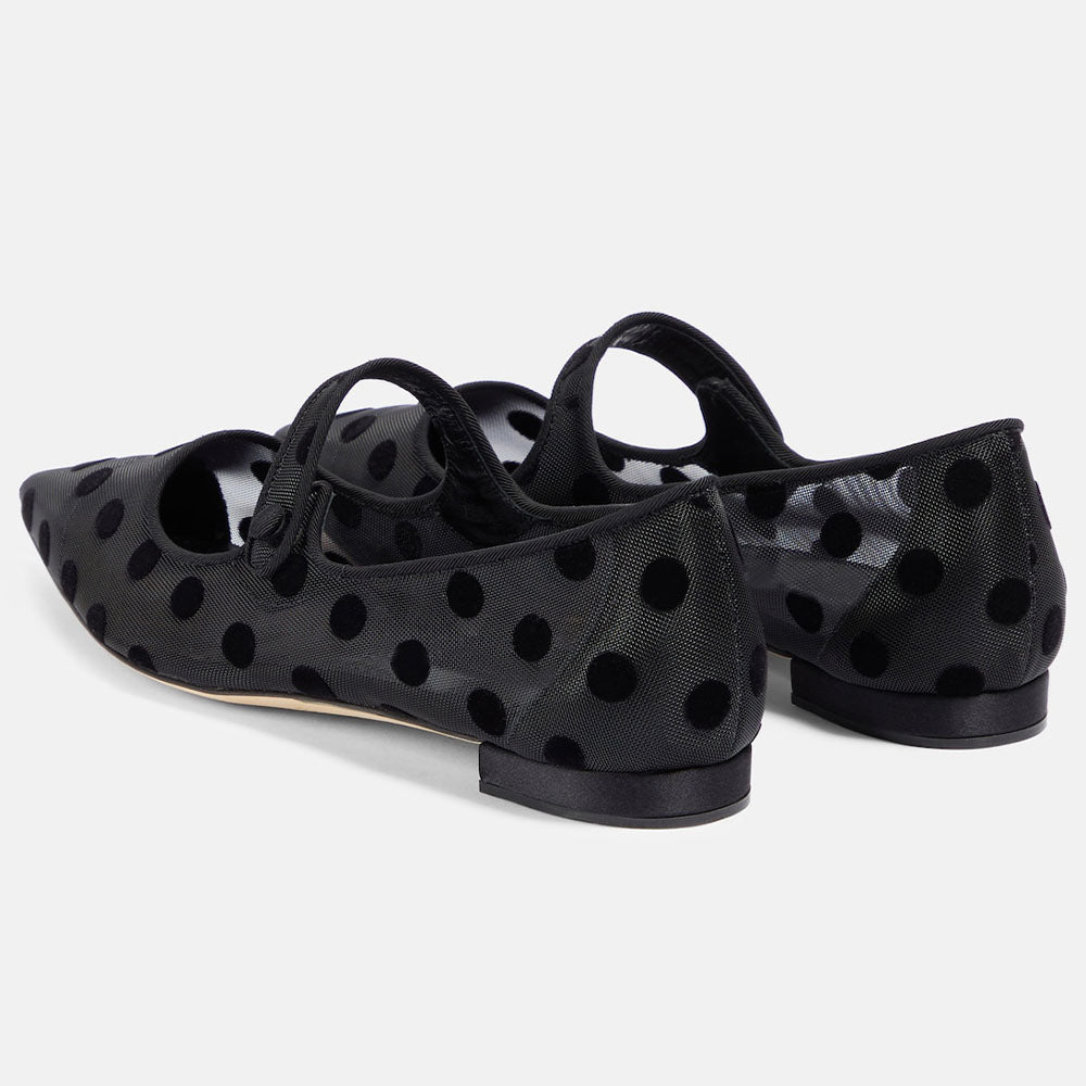 Black Pointed Toe Polka Dot Print Mary Jane Ballet Flats