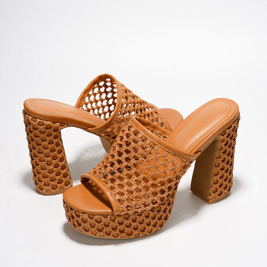 Brown Round Toe 4'' Chunky Heel Woven Wide Band Platform Mules