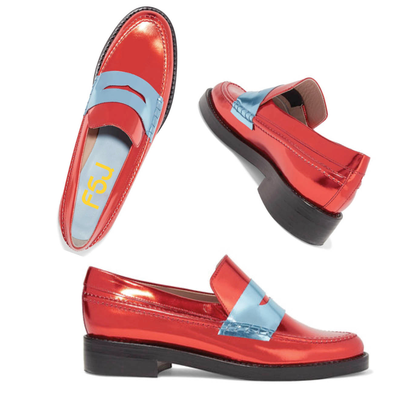 Red Shiny Vegan Leather Round Toe Trending Flat Penny Loafers Women