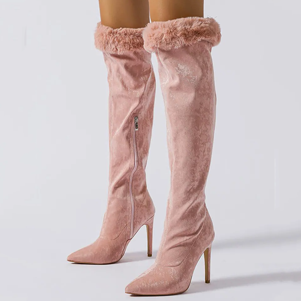 Cute Pointed Toe Faux Fur Trim Stiletto Heel Knee High Boots in Pink