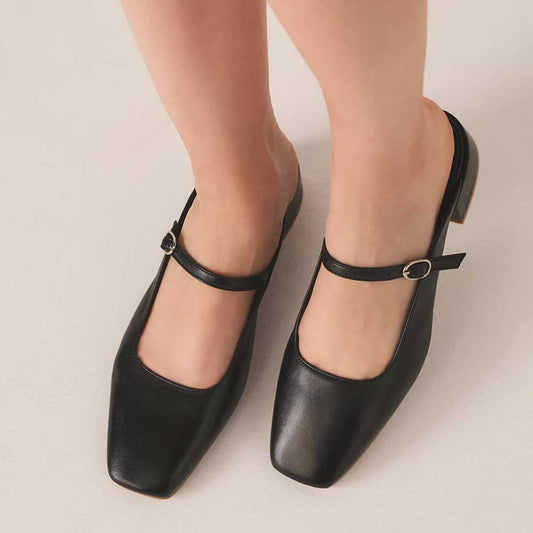 Black Vegan Leather Square Toe Lady's Formal Backless Mary Jane Flats