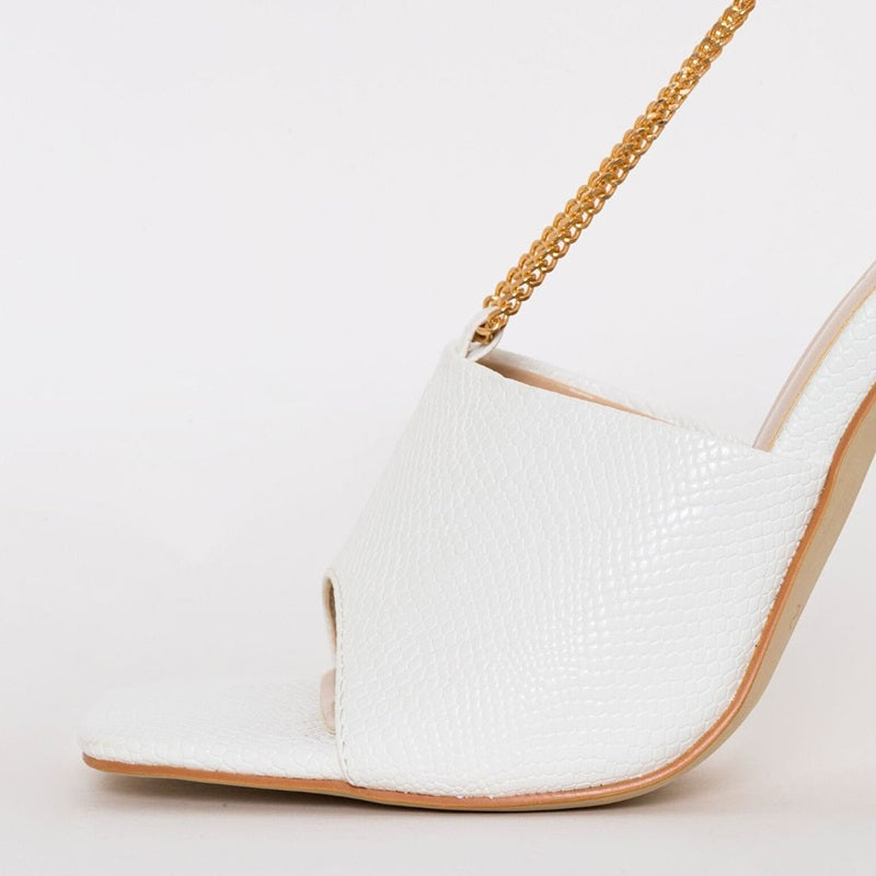 White Snakeskin Square Toe Chain Embellished Mule Heels