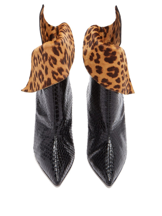 Black Python and Leopard Print Stiletto Heel Ankle Boots