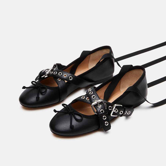 Black Round Toe Grommet Buckle Strap Lace Up Flats with Bowknot