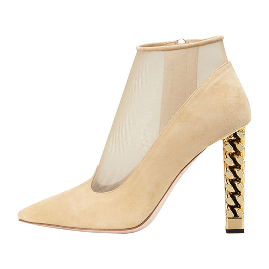 Beige Vegan Suede and Mesh Metal Heel Ankle Boots