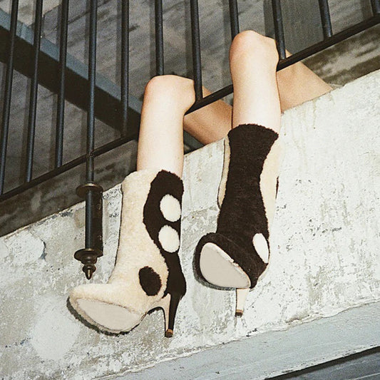 Black & White Faux Fur Bagua Pattern Mid-Calf Heeled Winter Boots