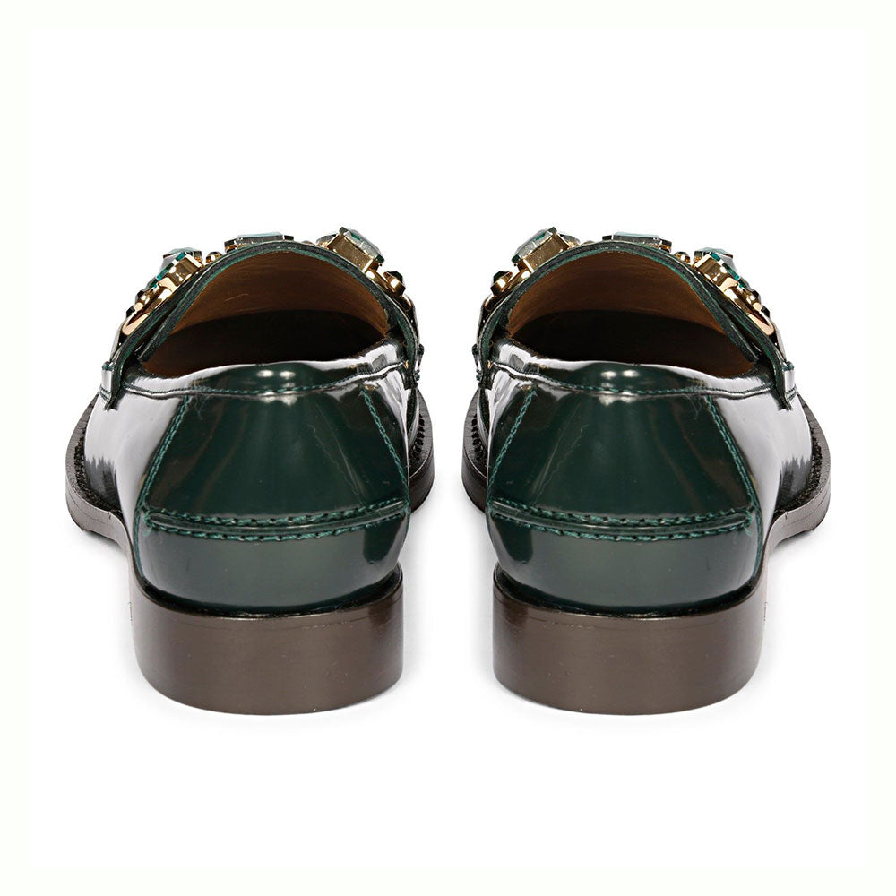 FSJ Luxurious Dark Green Round Toe Jewelry Flat Horsebit Loafers
