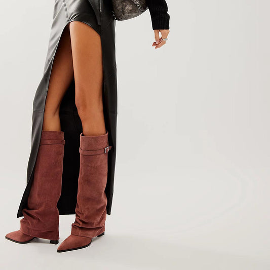 Brown Faux Suede Pointed Toe 4'' Chunky Heel Fold Over Knee High Boots