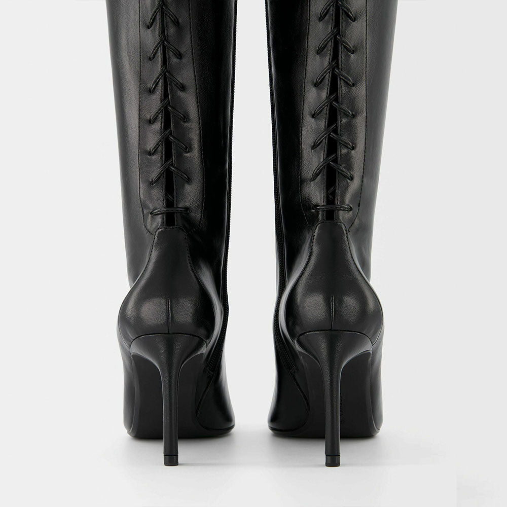 Black Pointed Toe Stiletto Heel Tie Detail Zipper Knee High Boots
