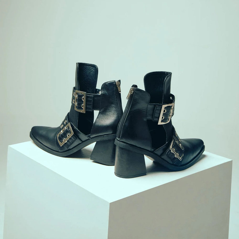 Black Mid Block Heel Cut-Out Pointed Toe Buckle Ankle Boots for Women