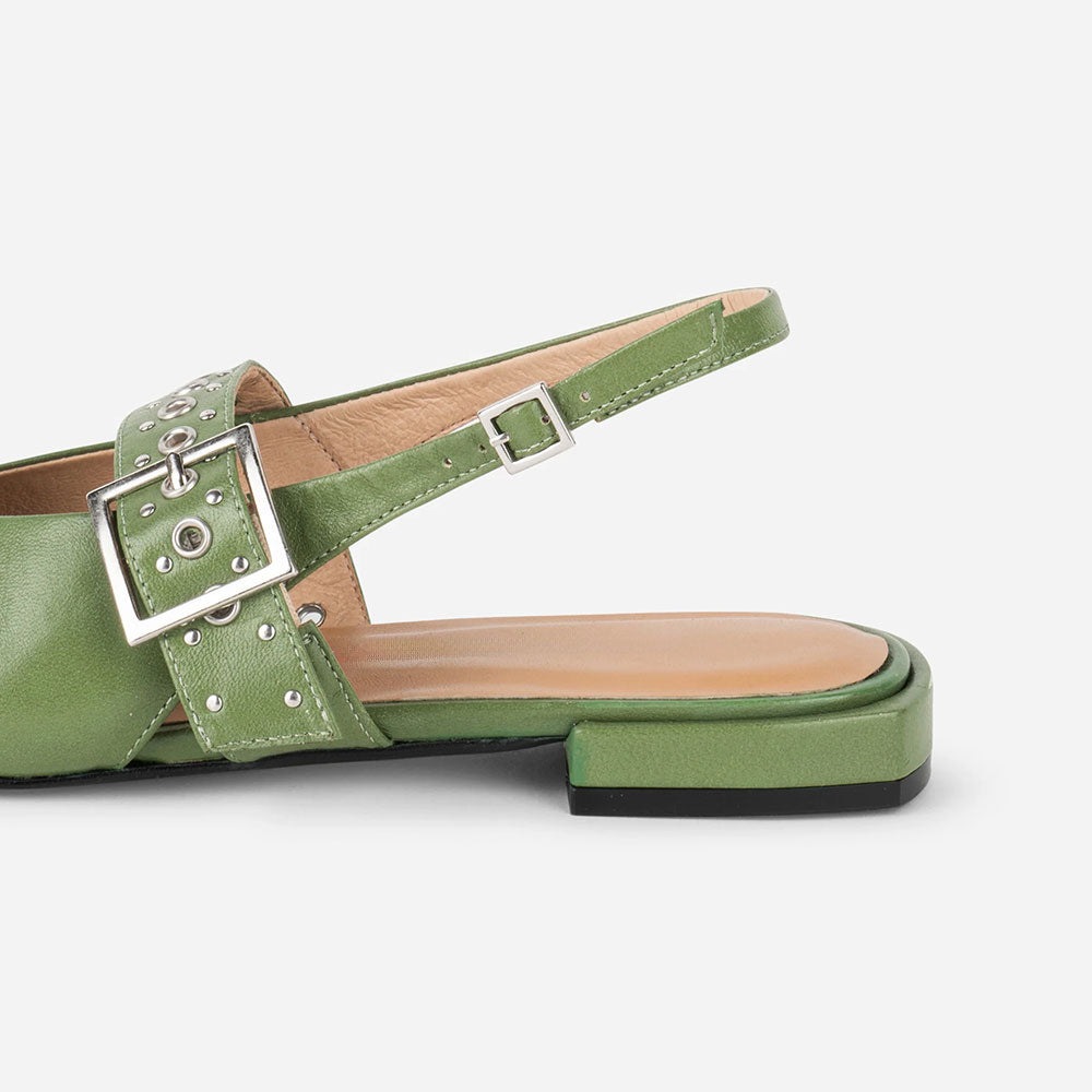 Green Vegan Leather Square Toe Grommet Strap Slingback Flats