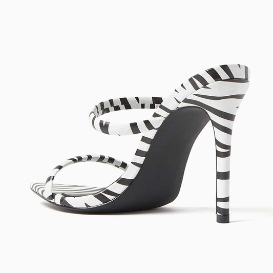 Black & White Zebra Print Pointy Toe Stiletto Heel Mules Sandals