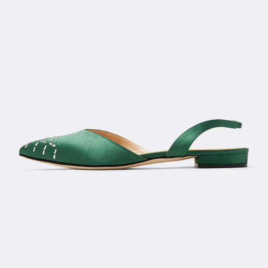 Green Satin Crystal Embellished Pointed Toe Flats Slingback Shoes