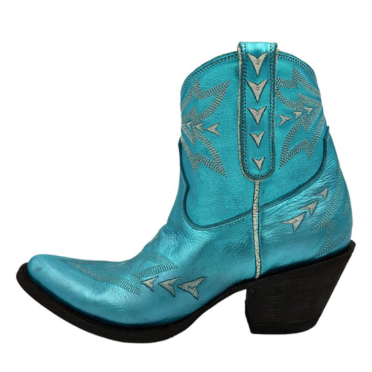 Chic Metallic Turquoise Round Toe Embroidered Western Heeled Booties