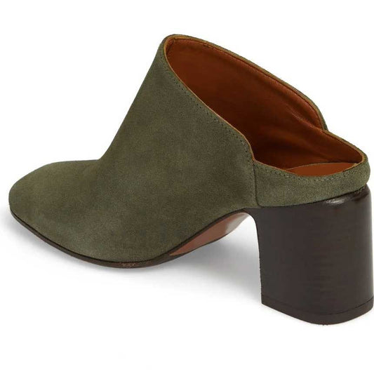 Women's Olive Round Toe Vegan Suede Block Heels Mules Shoes