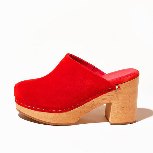 Vintage Red Vegan Suede Platform Mules Round Toe Heeled Clogs Shoes
