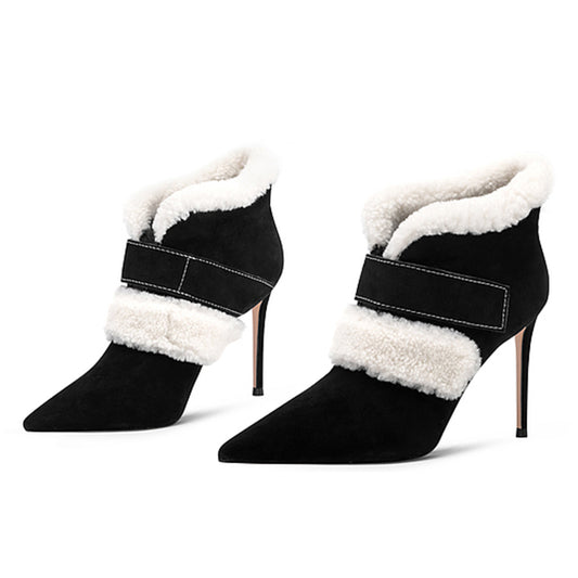 Black & White Pointed Toe Stiletto Heel Faux Fur Ankle Boots for Women