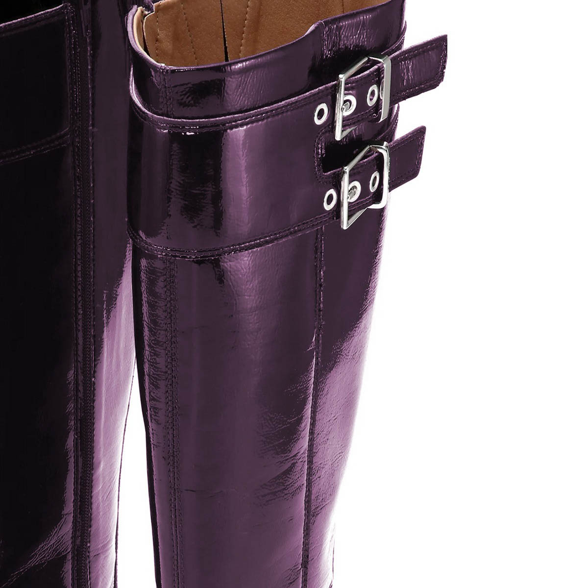 Purple Square Toe Multiple Buckle Strap Block Heel Knee High Boots