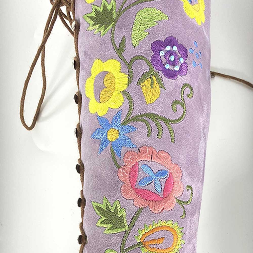 Lavender Closed-Toe Lace-Up Flower Embroidered Mid Calf Boots