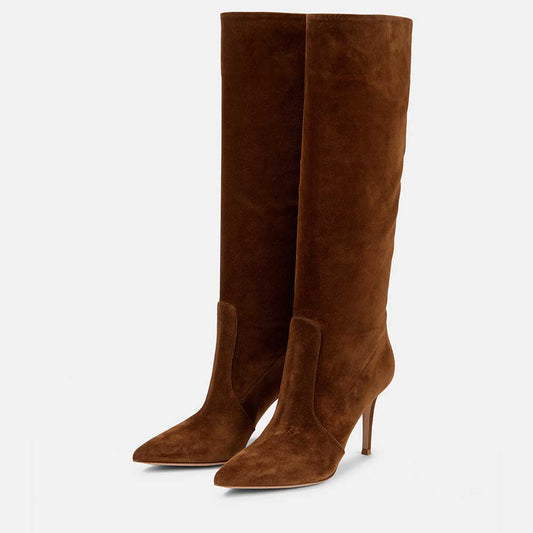 Brown Vegan Suede Wide Calf Knee High Boots with Stiletto Heel
