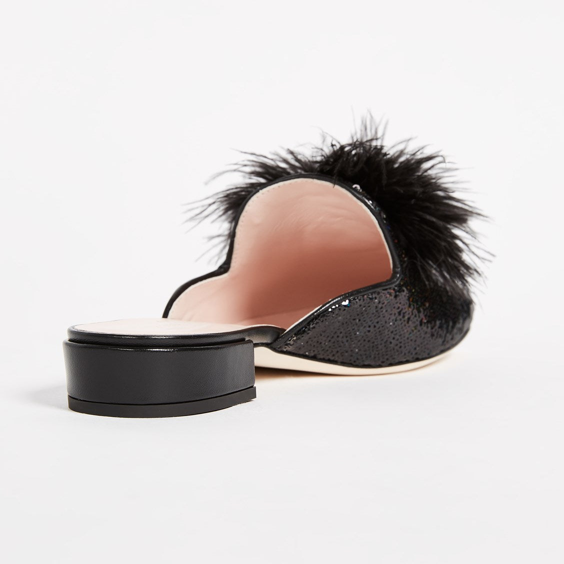 Black Sequin Flats Women's Faux Feather Mule Loafers