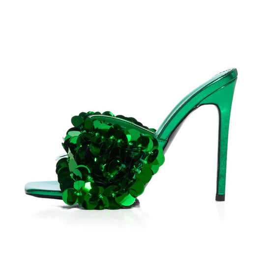 Women's Green Party Sandals Square Toe Sparkly Sequin High Heel Mules