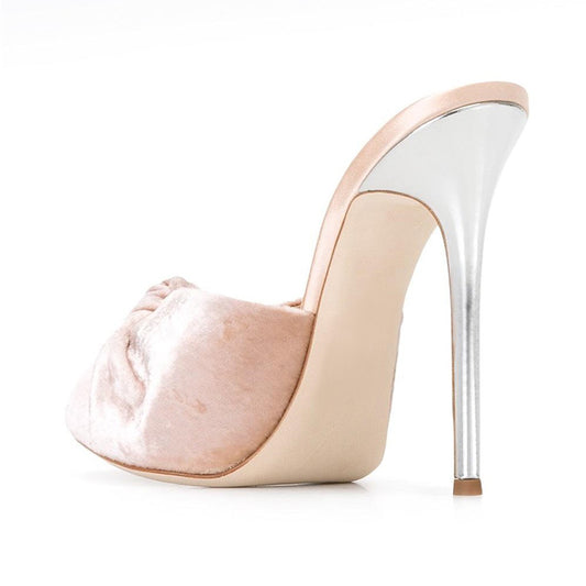 Blush Velvet Mule Heels Peep Toe Knotted Stiletto Shoes