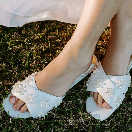 White Satin Square Toe Flat Pearl Inlay Slippers