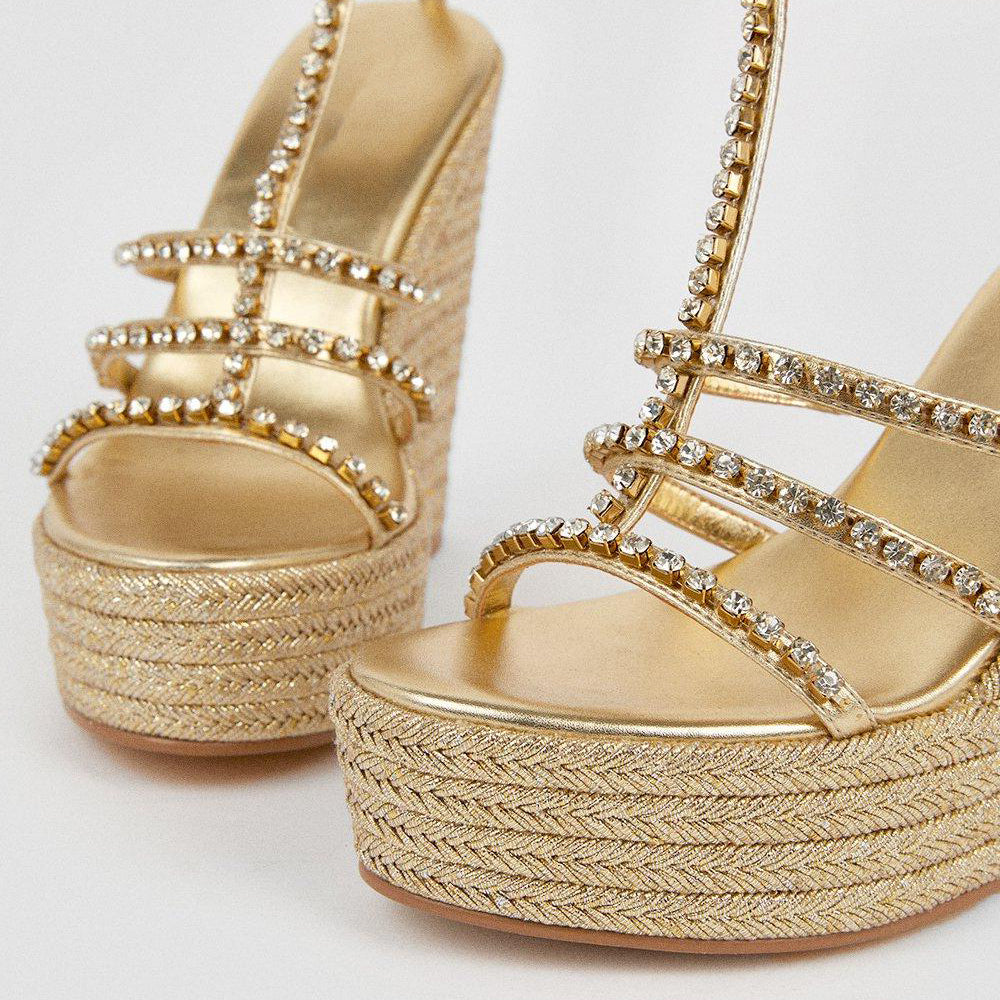 Gold Metallic Rhinestone T-Strap Wedge Heel Woven Platform Sandals